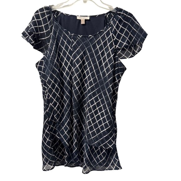 Roz & Ali Womens 1X Blue & White Geometric Print Cap Sleeve Blouse - Picture 2 of 12